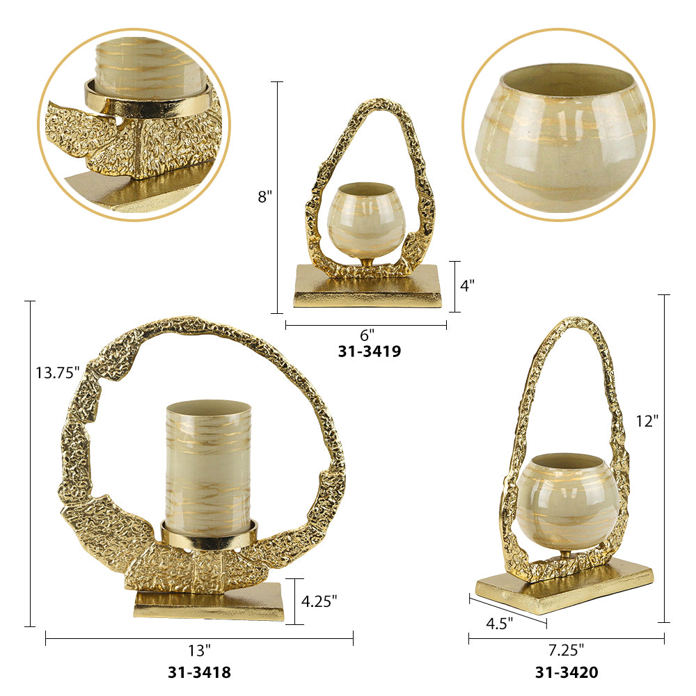 Gold Hurricane Candle Holders - Wholesale Designer Metal Candleholders & Candelabras, Modern Centerpieces, Contemporary Plant Stands in Bulk for Interior Design & Home Decor | Unlimited Containers Inc