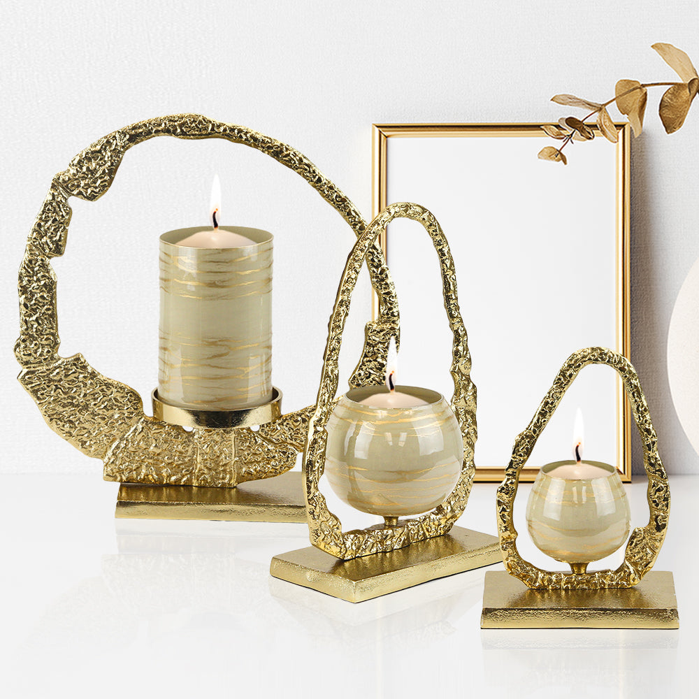 Gold Hurricane Candle Holders - Wholesale Designer Metal Candleholders & Candelabras, Modern Centerpieces, Contemporary Plant Stands in Bulk for Interior Design & Home Decor | Unlimited Containers Inc