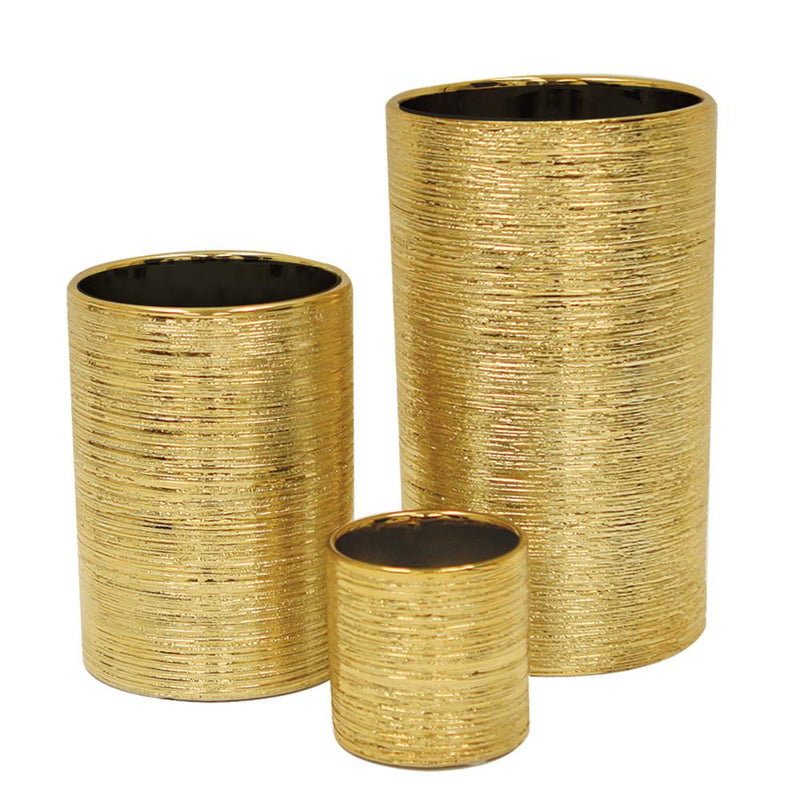 Etched Metallic Gold Cylinders - Modern Ceramic Planters | Unlimited Containers | Wholesale Decorative Ceramic Planters For Florists