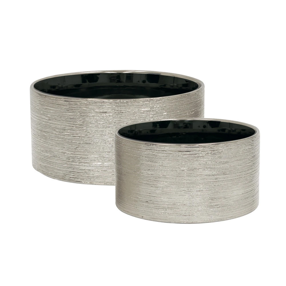 Etched Metallic Silver Cylinders - Modern Ceramic Planters | Unlimited Containers | Wholesale Decorative Ceramic Planters For Florists