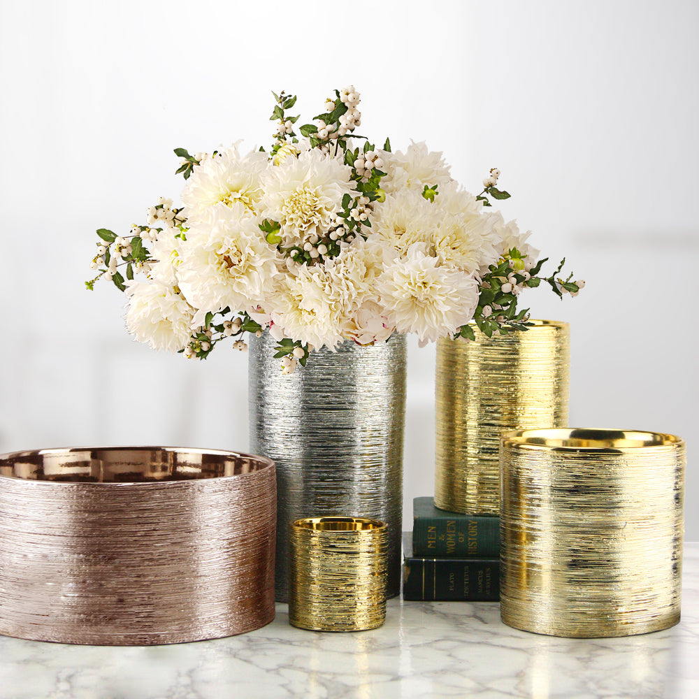 Metallic Gold Etched Cylinder Planters
