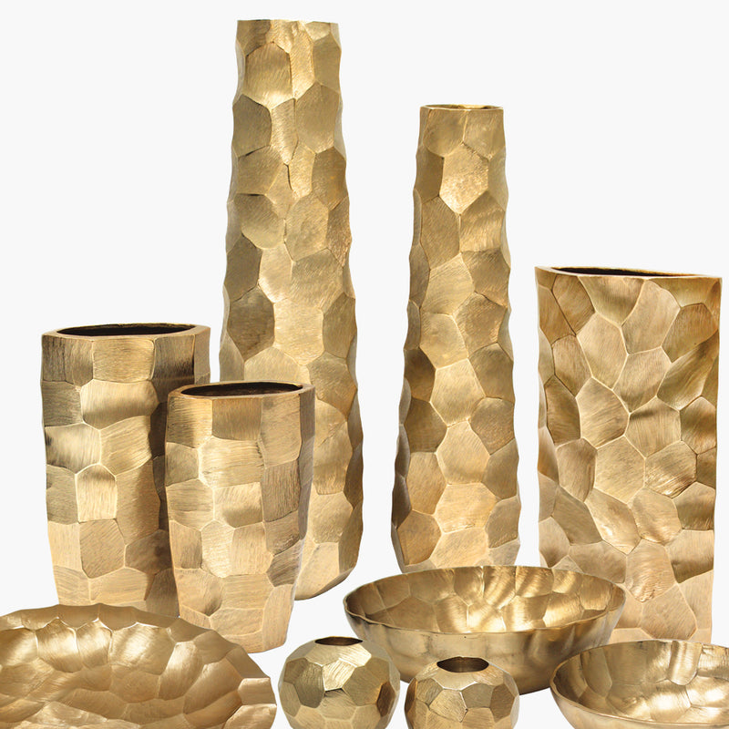Pounded Metal Collection Gold - Wholesale Designer Metal Candleholders & Candelabras, Modern Centerpieces, Contemporary Plant Stands in Bulk for Interior Design & Home Decor | Unlimited Containers Inc