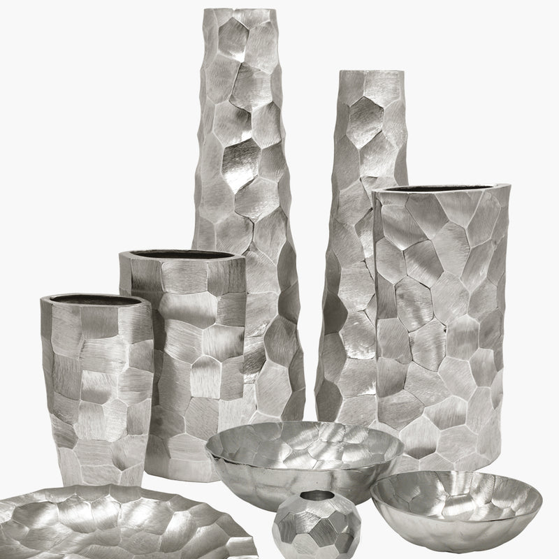Pounded Metal Collection Silver - Wholesale Designer Metal Candleholders & Candelabras, Modern Centerpieces, Contemporary Plant Stands in Bulk for Interior Design & Home Decor | Unlimited Containers Inc