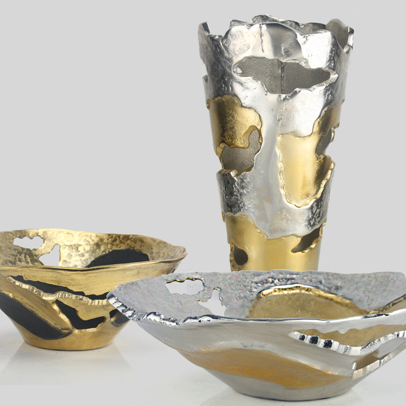 Strata Vase and Supernova Bowls - Wholesale Designer Metal Candleholders & Candelabras, Modern Centerpieces, Contemporary Plant Stands in Bulk for Interior Design & Home Decor | Unlimited Containers Inc